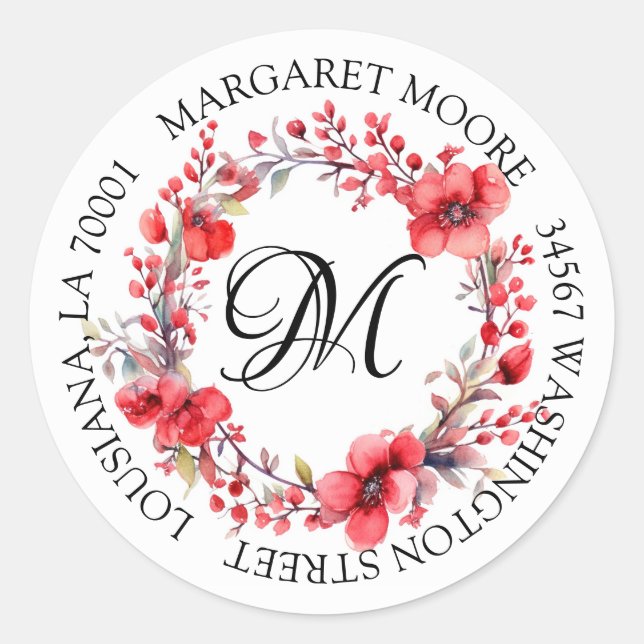 Elegant Red Floral Script Monogram Address Classic Round Sticker (Front)