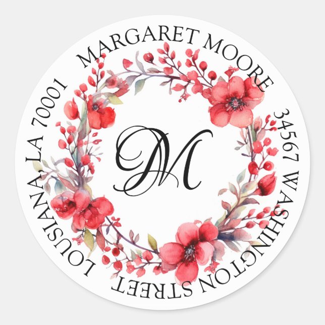 Elegant Red Floral Script Monogram Address Classic Round Sticker (Front)