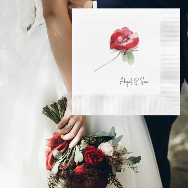 Elegant Red Floral Stem Personalised Wedding Napkin (Creator Uploaded)