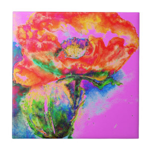 Elegant red floral watercolor abstract poppy   tile