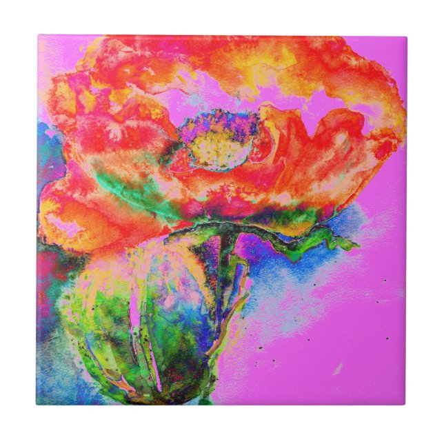 Elegant red floral watercolor abstract poppy   tile (Front)