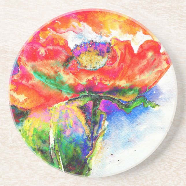 Elegant red floral watercolor painting coaster (Front)