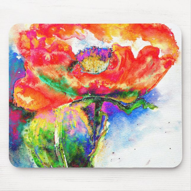 Elegant red floral watercolor painting mouse mat (Front)