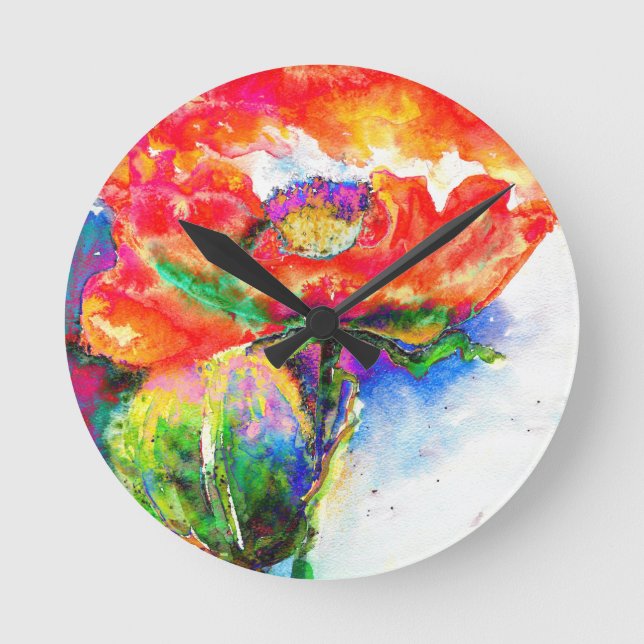 Elegant red floral watercolor painting round clock (Front)