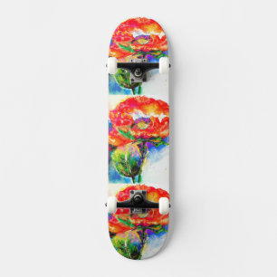 Elegant red floral watercolor painting skateboard