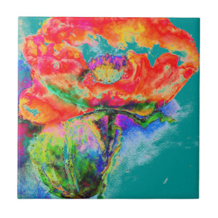 Elegant red floral watercolor painting teal tile
