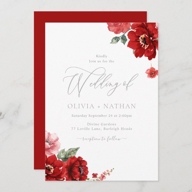 Elegant Red Floral Wedding Invitation (Front/Back)
