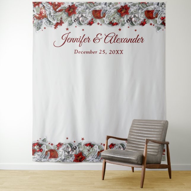 Elegant Red Floral Wedding Photo Booth Backdrop Tapestry (In Situ)
