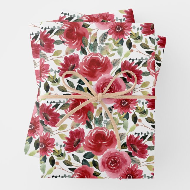 Elegant Red Floral Wrapping Paper Sheet (In situ)