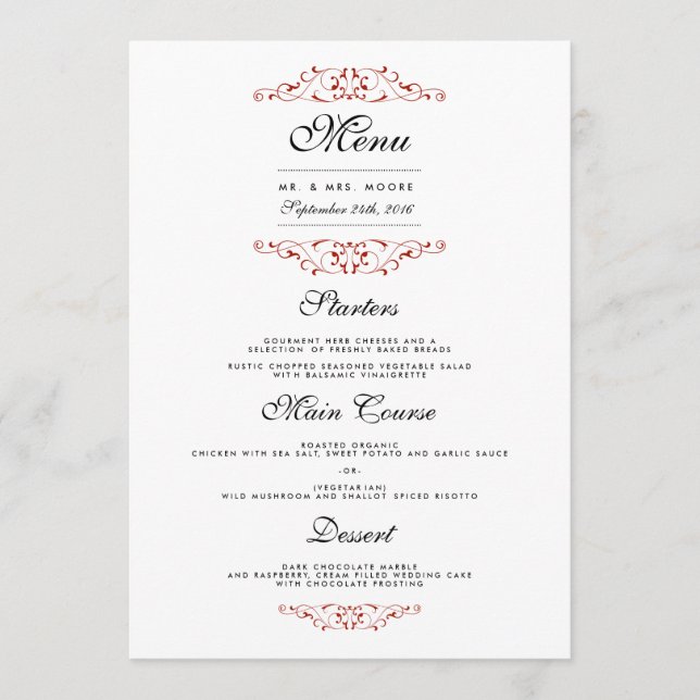 Elegant Red Flourish Wedding Dinner Menu (Front)