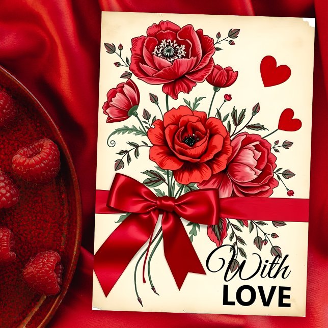 Elegant Red Flower Bouquet with Hearts and Ribbon Card (Creator Uploaded)
