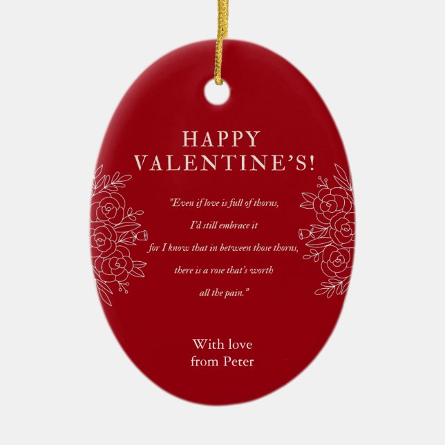 Elegant Red flower printed Valentines  Ceramic Tree Decoration (Front)