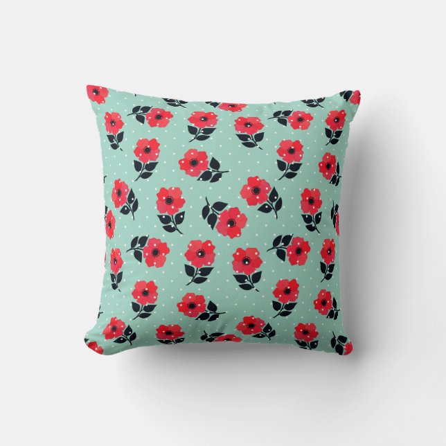 Elegant Red Flowers Aqua Blue Polka Dots Pattern Cushion (Front)