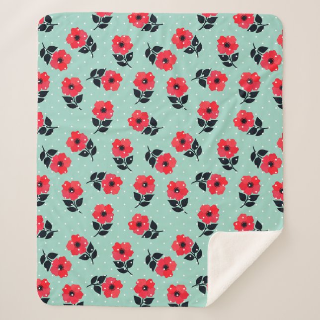 Elegant Red Flowers Aqua Blue Polka Dots Pattern Sherpa Blanket (Front)