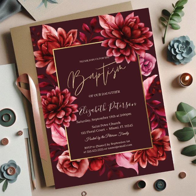 Elegant Red Flowers Baptism Invitation (Creator Uploaded)