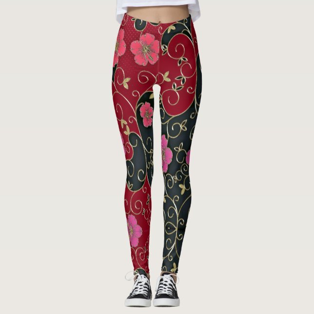 Elegant Red Flowers With Gold Leaves And Swirls Leggings (Front)