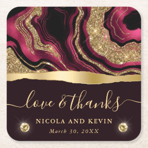 Elegant Red Foil and Gold Glitter Agate Wedding Square Paper Coaster