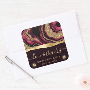 Elegant Red Foil and Gold Glitter Agate Wedding Square Sticker