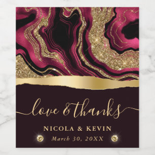 Elegant Red Foil and Gold Glitter Agate Wedding Wine Label