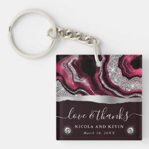 Elegant Red Foil and Silver Glitter Agate Wedding Key Ring
