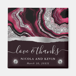 Elegant Red Foil and Silver Glitter Agate Wedding Magnet