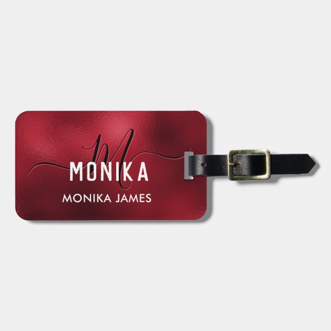 Elegant Red Foil Monogram Custom Luggage Tag (Front Horizontal)