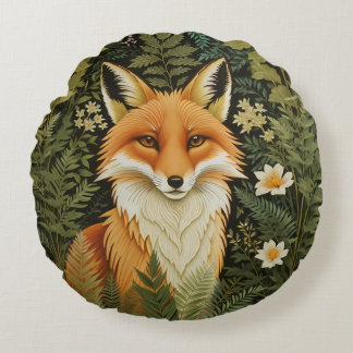 Elegant Red Fox And Green Foliage Round Cushion