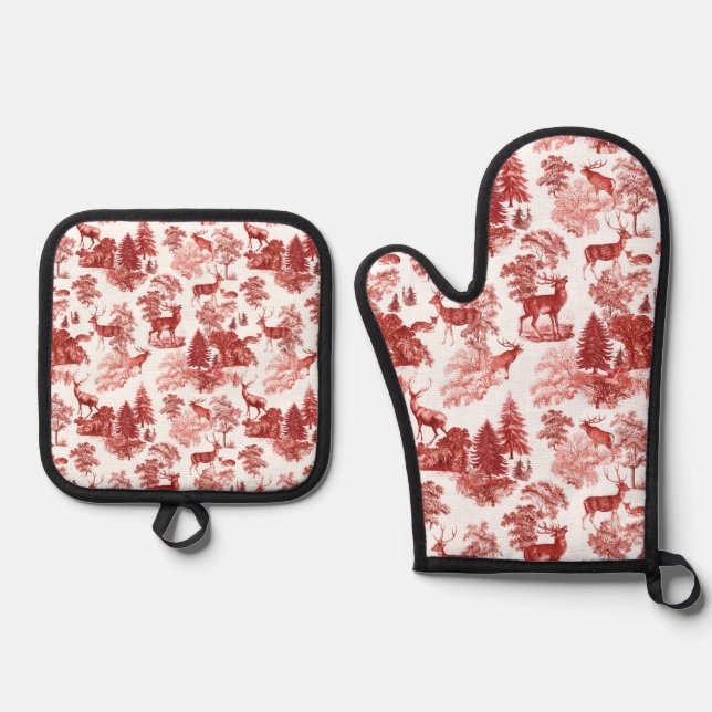 Elegant Red French Toile Deer in Woodland Oven Mitt & Pot Holder Set (Front)
