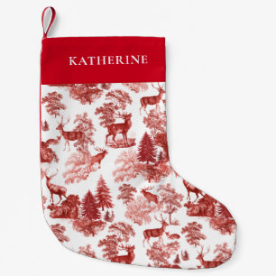 Elegant Red French Toile Deer in Woodland Small Christmas Stocking