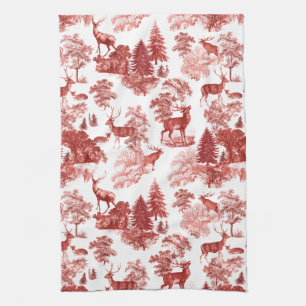 Elegant Red French Toile Deer in Woodland Tea Towel