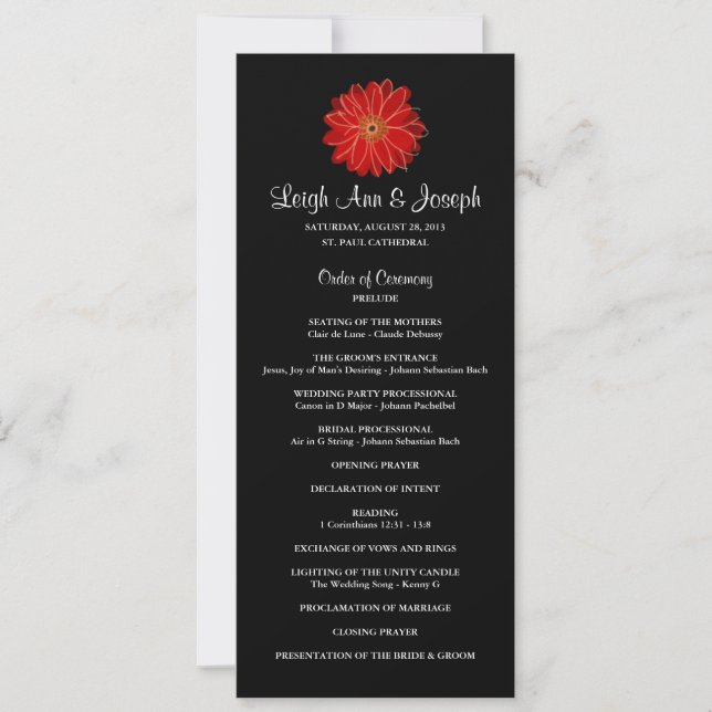 Elegant Red Gerber Daisy Wedding Program Invitation (Front)
