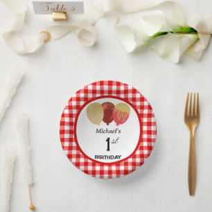 Elegant Red Gingham & Balloons 1st Birthday Paper Plate