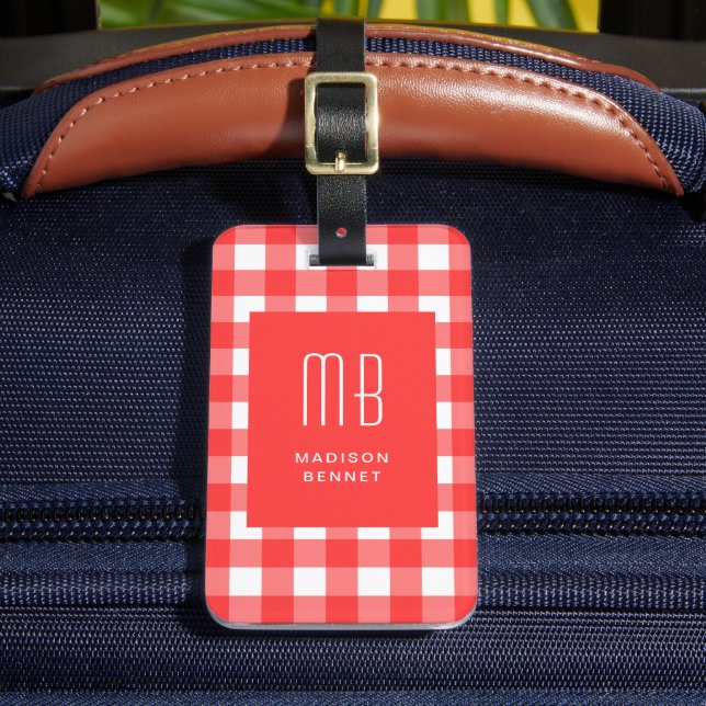 Elegant Red Gingham Monogram Luggage Tag (Front Insitu 2)