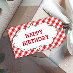 Elegant Red Gingham Pattern Personalised Birthday Gift Tags