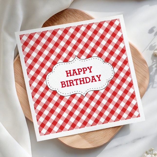 Elegant Red Gingham Pattern Personalised Birthday Napkin (Creator Uploaded)