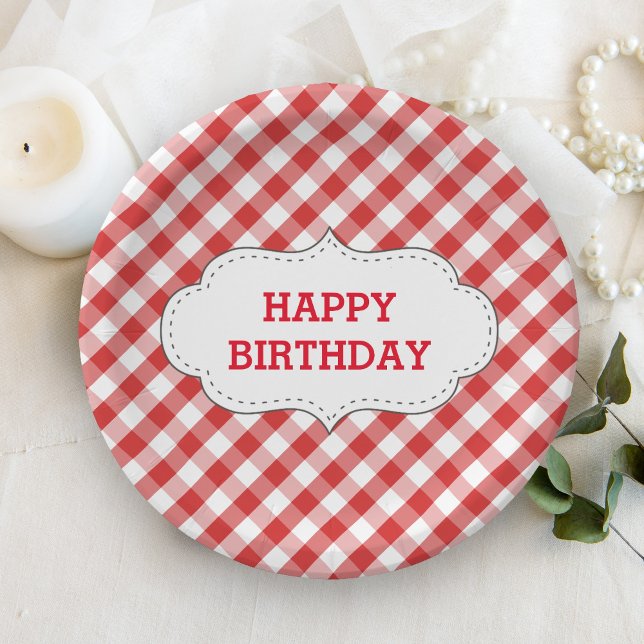 Elegant Red Gingham Pattern Personalised Birthday Paper Plate (Creator Uploaded)