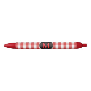 Elegant Red Gingham Pattern Personalised Monogram Red Ink Pen