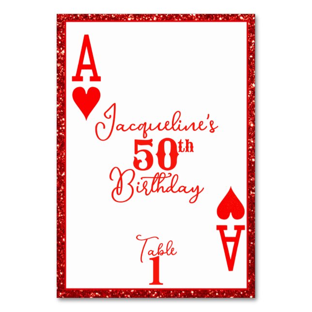 Elegant Red Glitter Ace of Hearts Birthday Party  Table Number (Front)