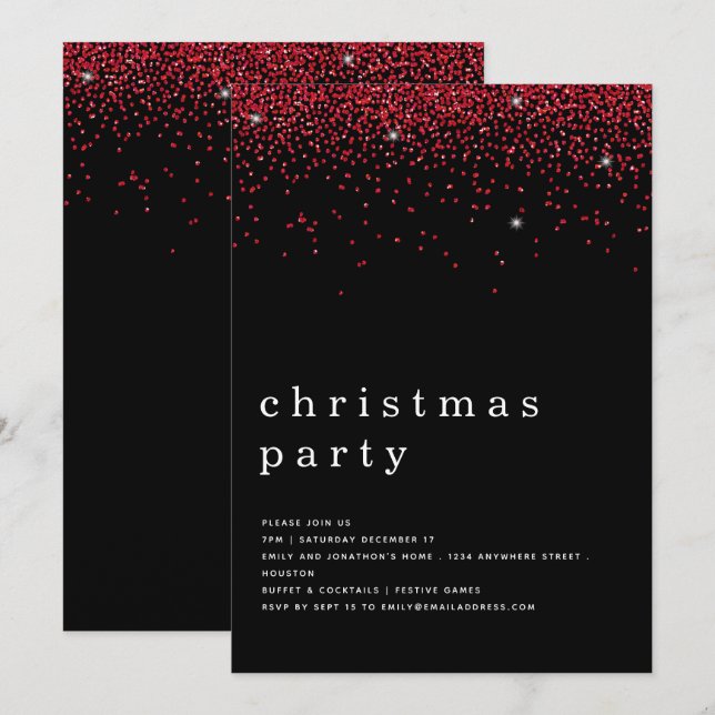 Elegant Red Glitter Christmas Party Black  Invitation (Front/Back)