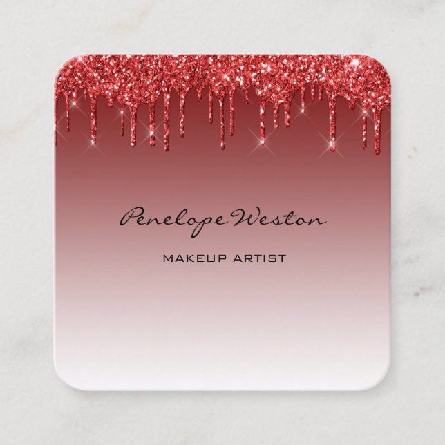 Elegant Red Glitter Drip Makeup Artist Square Business Card (Front)