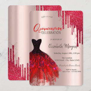 Elegant Red Glitter Drips Dress Quinceañera  Invitation