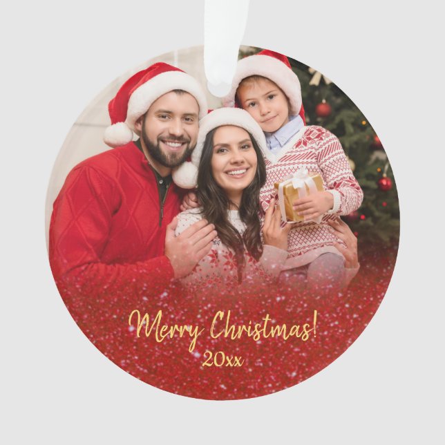Elegant Red Glitter Family Names 2 Photo Christmas Ornament (Front)