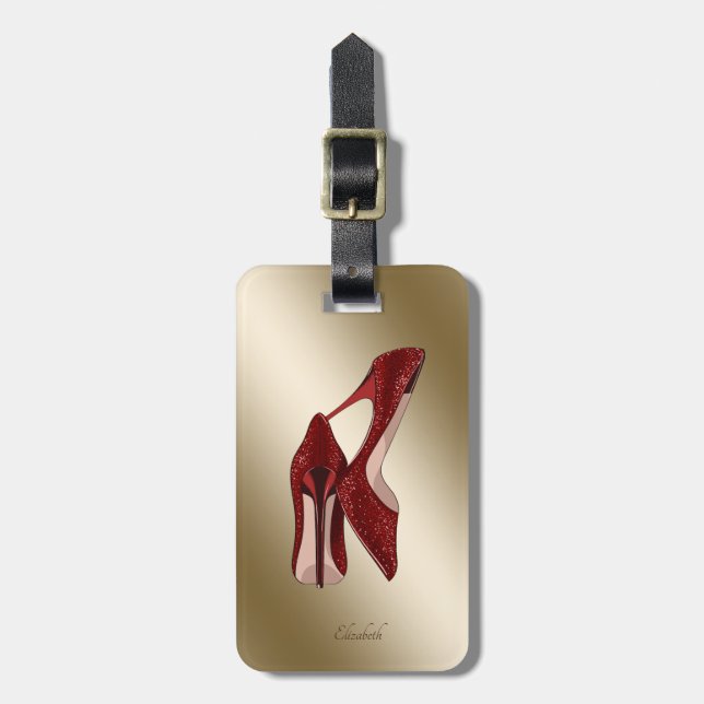 Elegant Red Glitter High Heels -Personalised Luggage Tag (Front Vertical)