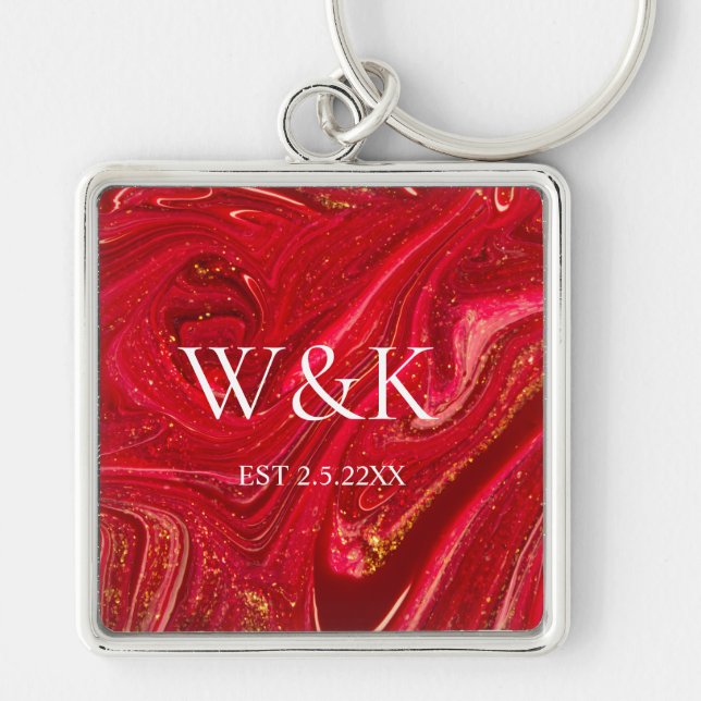 Elegant Red Glitter Initial Wedding Couple  Key Ring (Front)