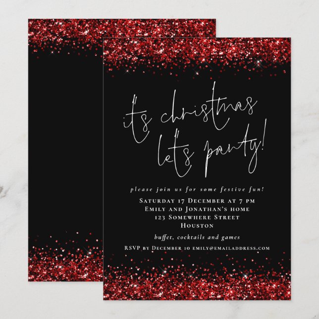 Elegant Red Glitter Its Christmas Lets Party Black Invitation (Front/Back)