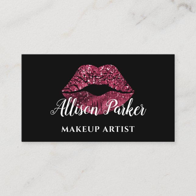 Elegant Red Glitter Lips Makeup Artist Business Card (Front)