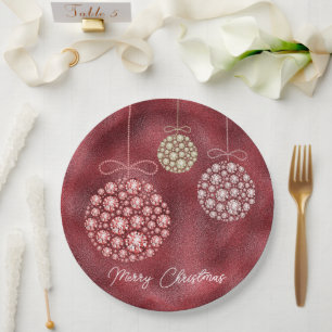 Elegant Red Glitter Ornaments Merry Christmas Paper Plate