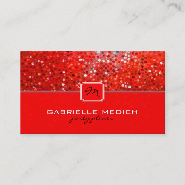 Elegant Red Glitter Party Planner Business Card (Front)