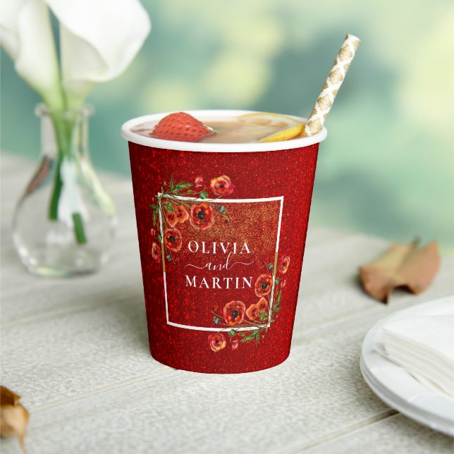 Elegant Red Glitter Poppy Bloom Wedding Paper Cup (Insitu)