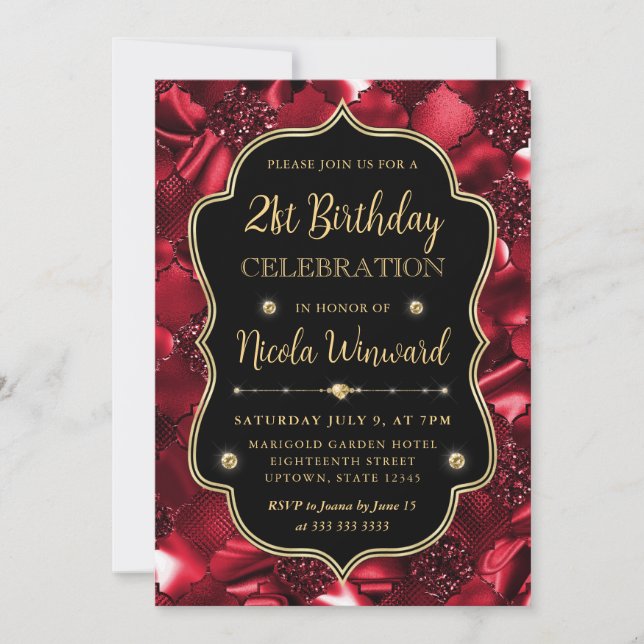 Elegant Red Glitter Vintage Frame Birthday Invitation (Front)